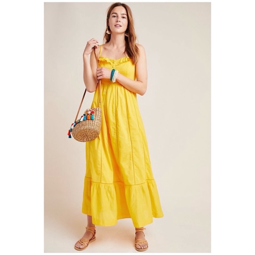 Anthropologie Maeve Arcadia Yellow Maxi Dress 4 Smocked Ruffle Boho Prairie